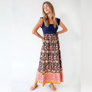 Natural Life Lucia Bohemian Floral Navy Coquette Cottagecore Flowy Maxi Dress L